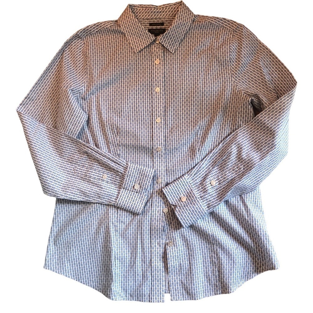 Talbots Petites Button Up Classic Blouse Sz. 2P Blue Striped/Diamond Print LS